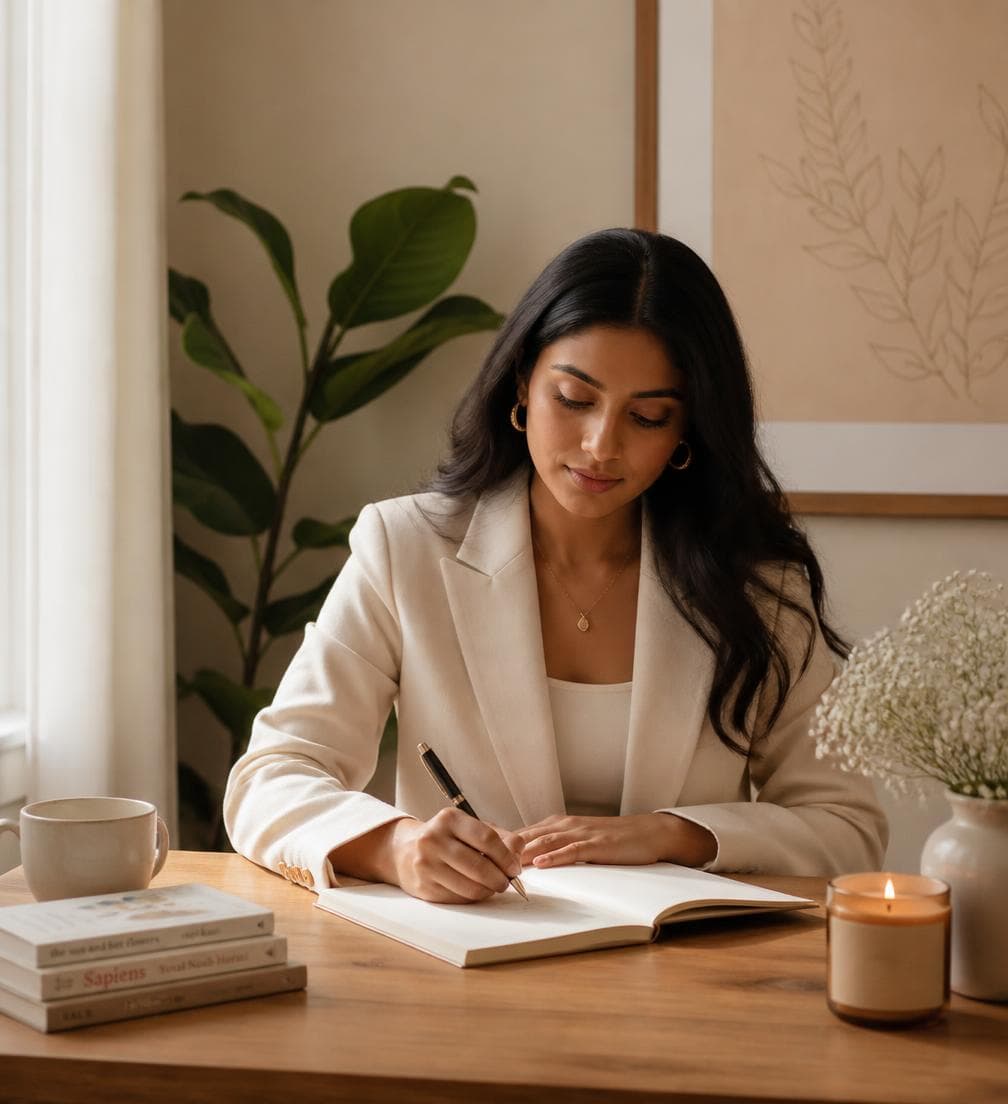 Preeti Roy Chaudhary (Surbhi), founder of SHEMuse, writing at her desk