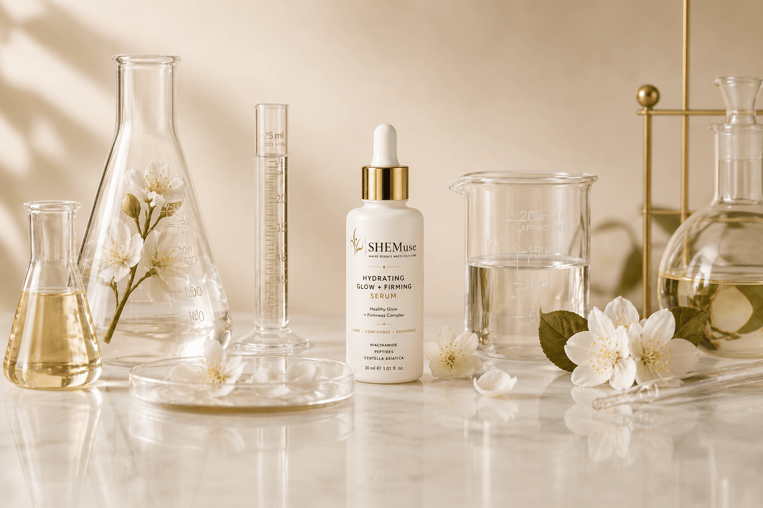 Luxury skincare laboratory still life with glass vessels, a SHEMuse serum and white blossoms